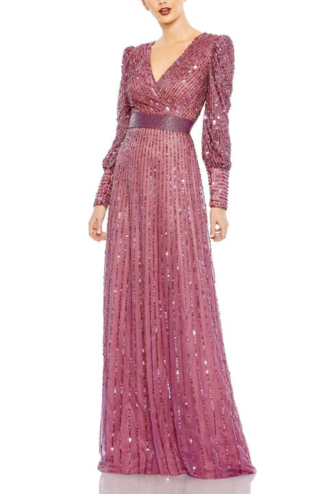 Sequined Wrap Over Bishop Sleeve Gown