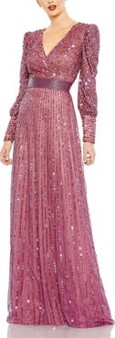 Mac Duggal Sequined Wrap Over Bishop Sleeve Gown