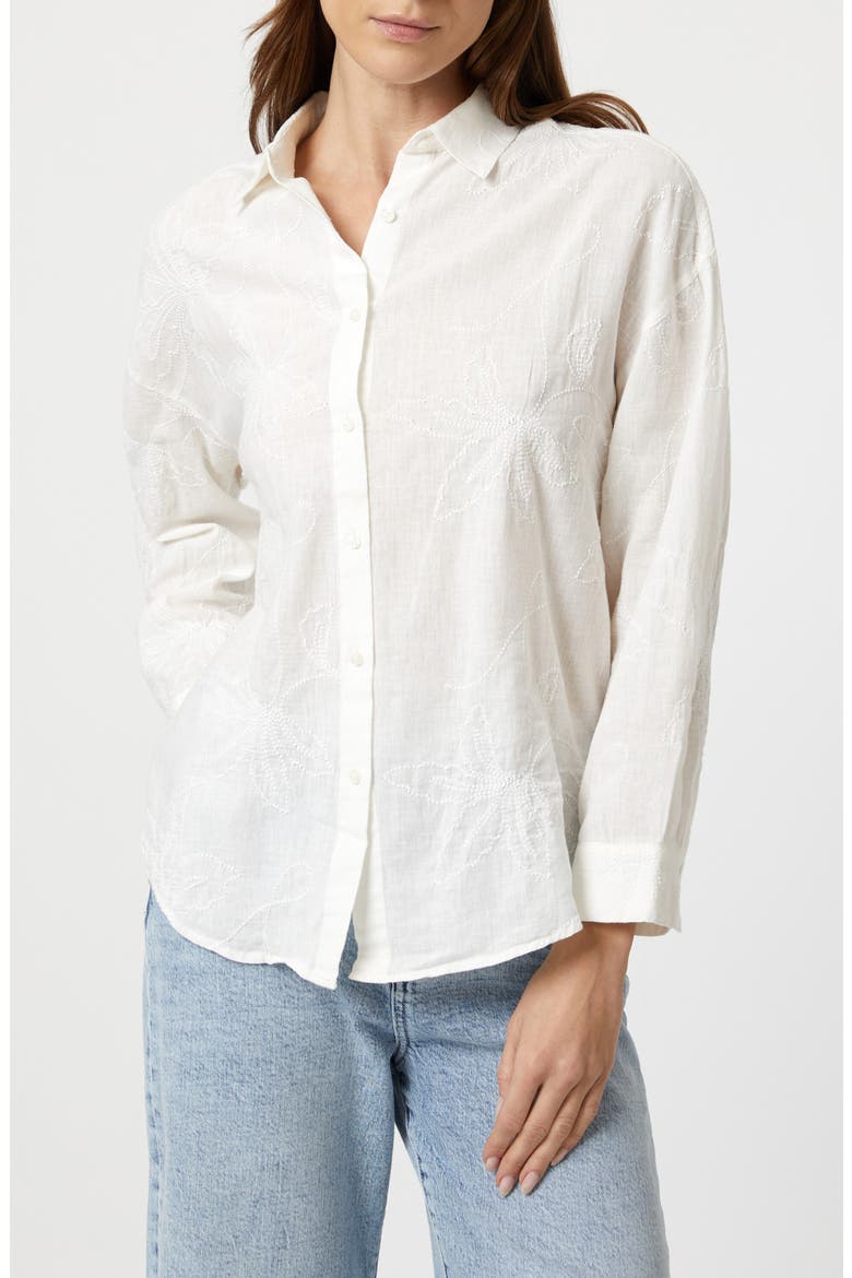 Floral Jacquard Cotton & Linen Button-Up Shirt, Main, color, WHITE