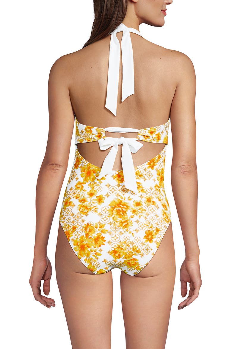 Halter Cut Out High Leg One Piece Swimsuit, Alternate, color, Yellow Mosaic Floral/White