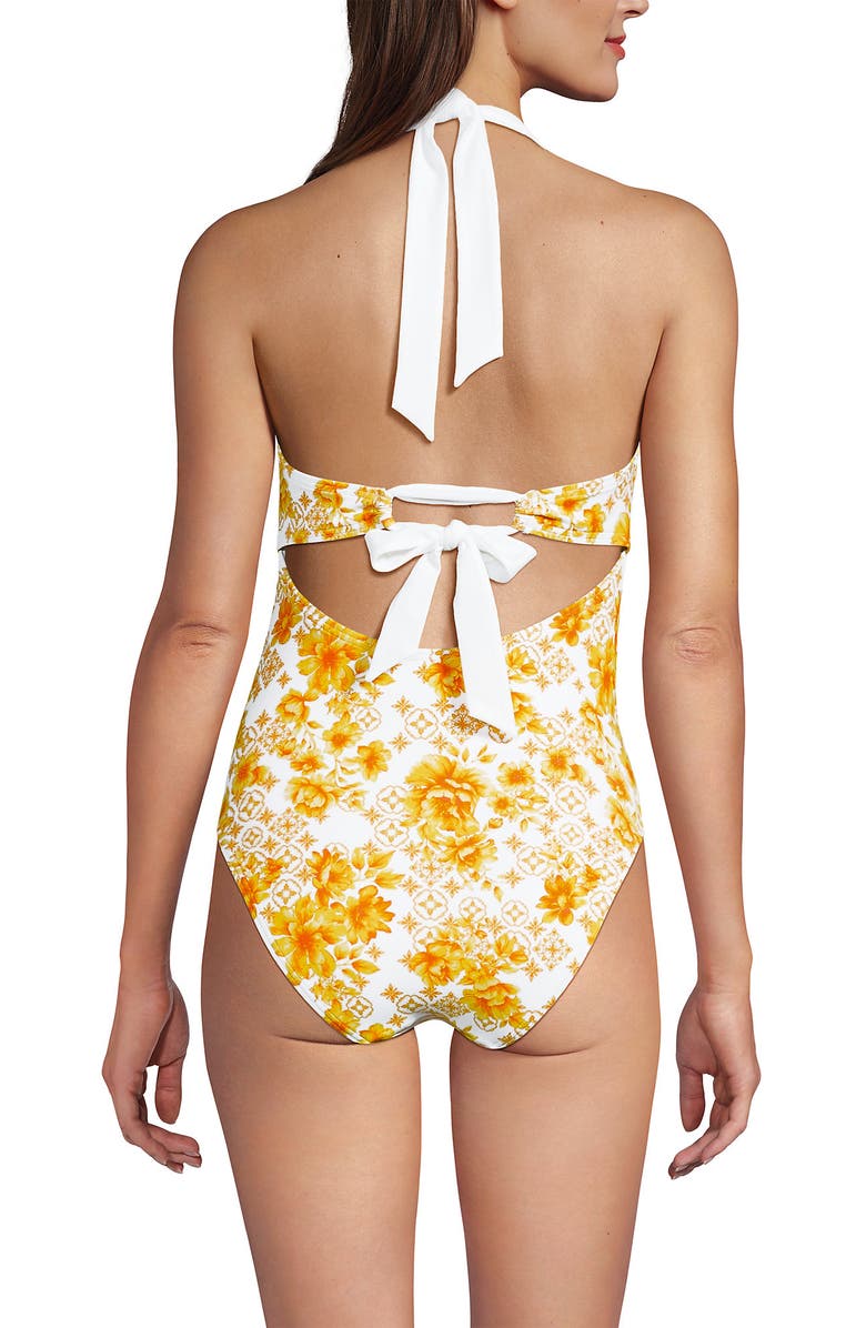 Lands' End Halter Cut Out High Leg One Piece Swimsuit, Alternate, color, Yellow Mosaic Floral/White
