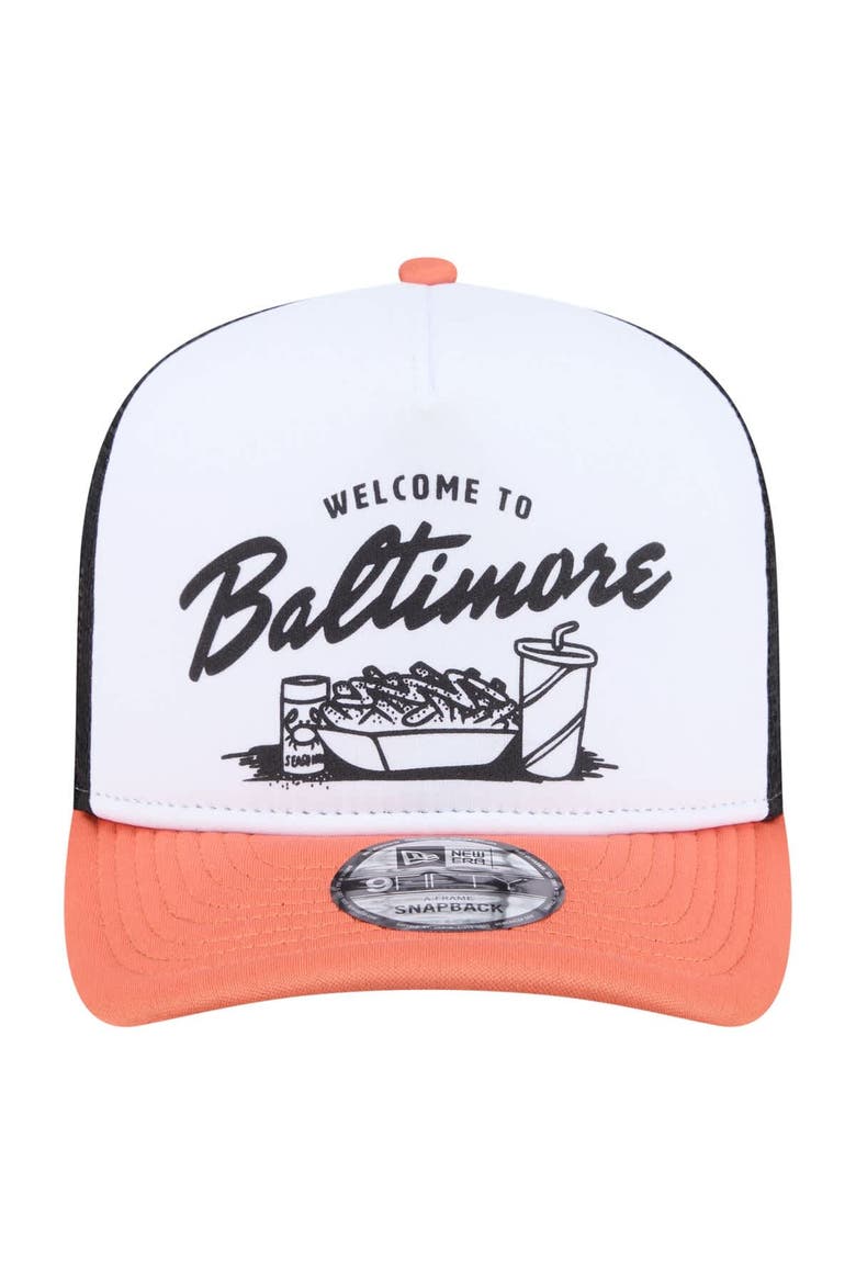 Men's New Era  White/Orange Baltimore Orioles Foodie A-Frame 9FIFTY Trucker Snapback Hat, Alternate, color, White