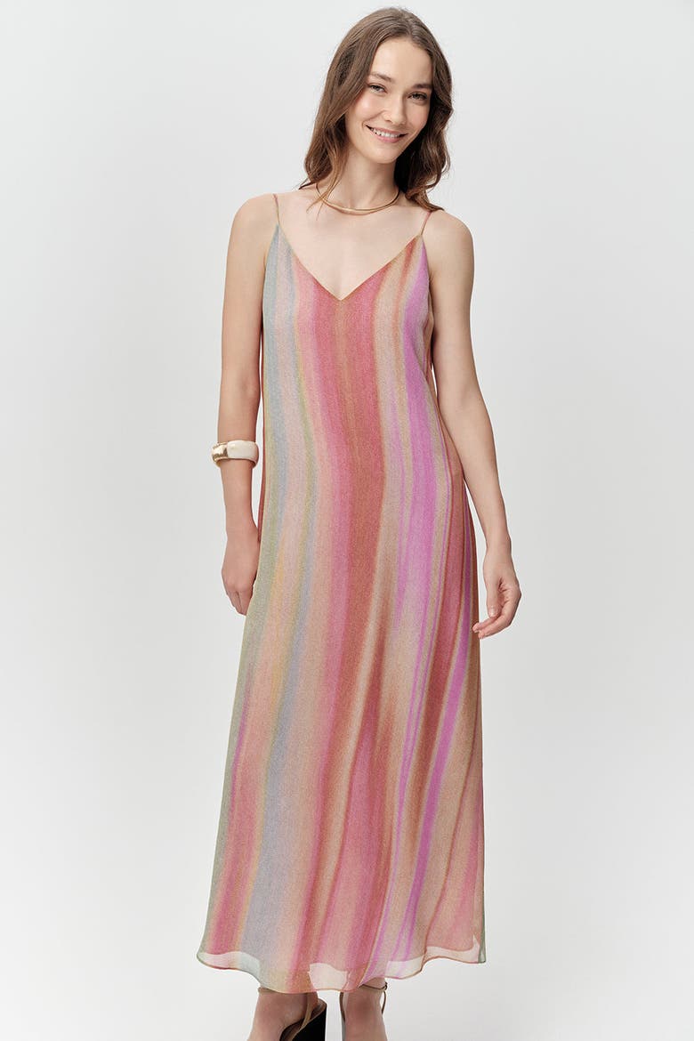 Layana V Neck Spaghetti Strap Striped Midi Dress, Alternate, color, Multi Color