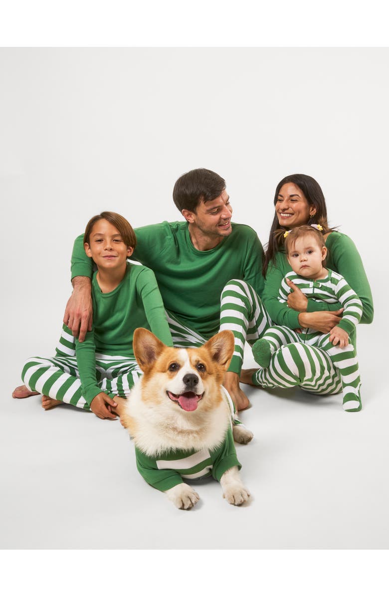 Leveret Kids Two-Piece Striped Cotton Matching Family Holiday Pajamas, Alternate, color, Solid Green Top & Striped Pant