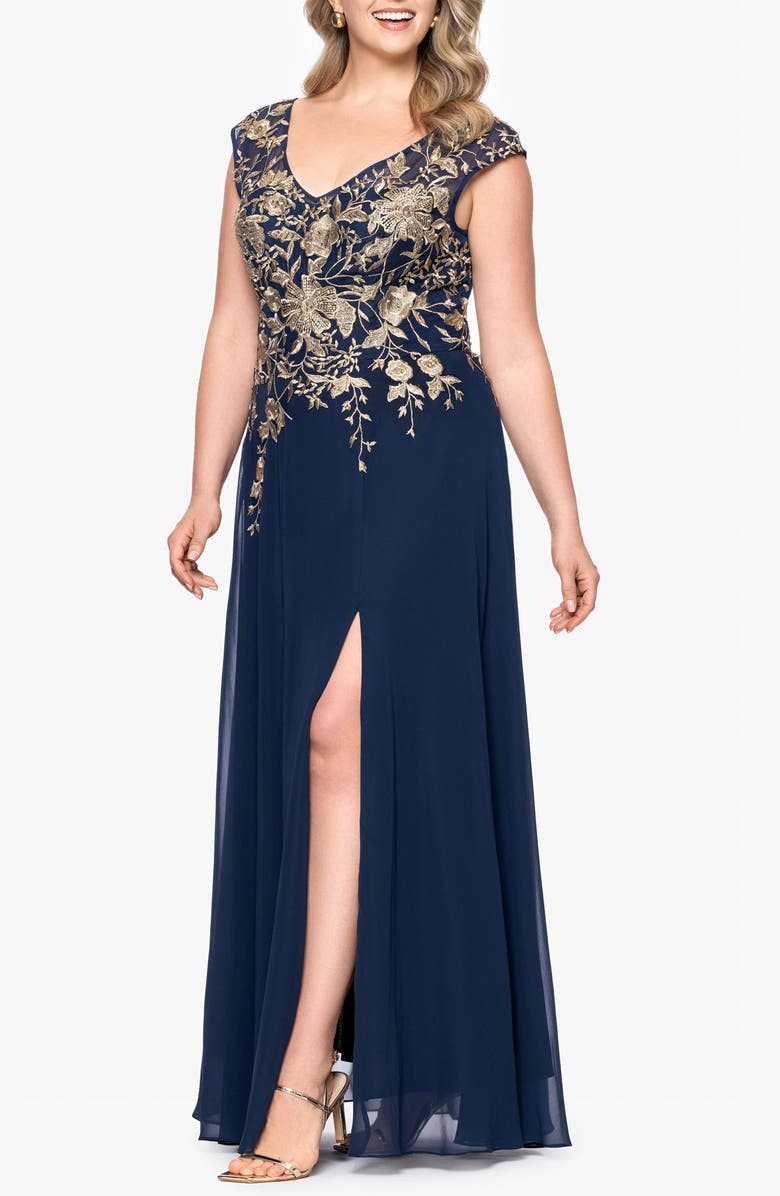Betsy & Adam Metallic Embroidery Chiffon Gown, Alternate, color, Navy/ Gold