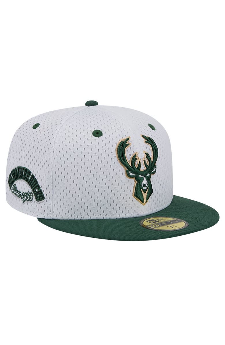 New Era Men's New Era White/Hunter Green Milwaukee Bucks Throwback 2Tone 59FIFTY Fitted Hat, Main, color, 
