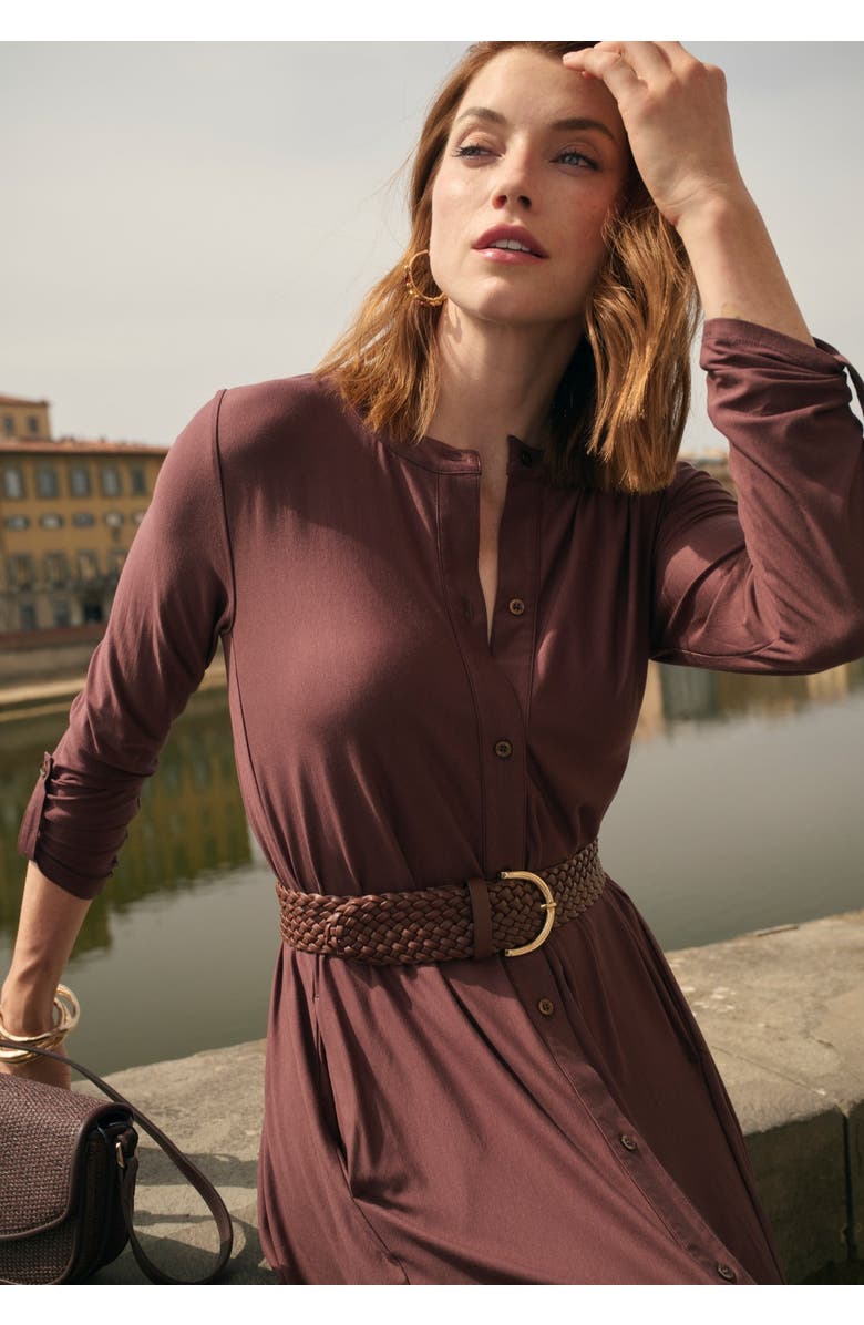 Jessica London ¾ Sleeve A-Line Shirt Dress, Alternate, color, Rich Brown