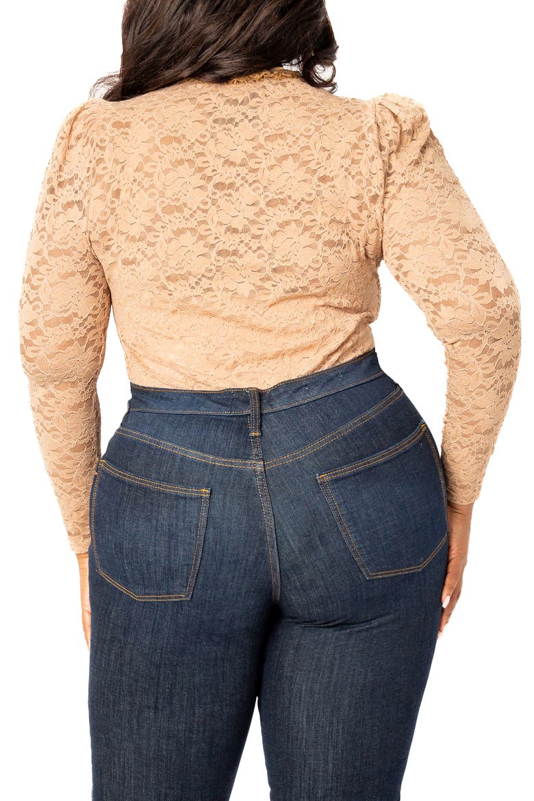 Sheer Stretch Lace Long Sleeve Bodysuit, Alternate, color, KHAKI