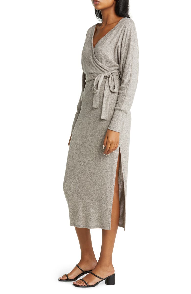 Loveappella Long Sleeve Faux Wrap Midi Dress, Alternate, color, Natural