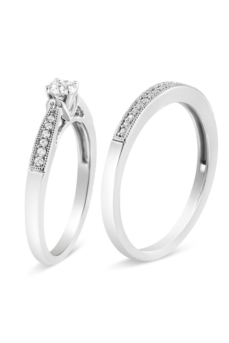 Silver 1/3 Cttw Diamond Engagement Ring Bridal Set with Milgrain, Alternate, color, White