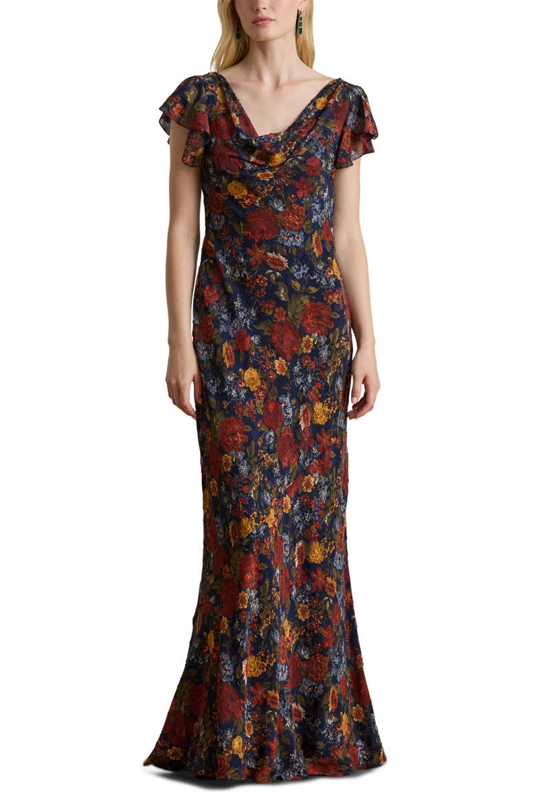 Floral Clipped Jacquard Cowl Neck Gown, Main, color, NAVY MULTI