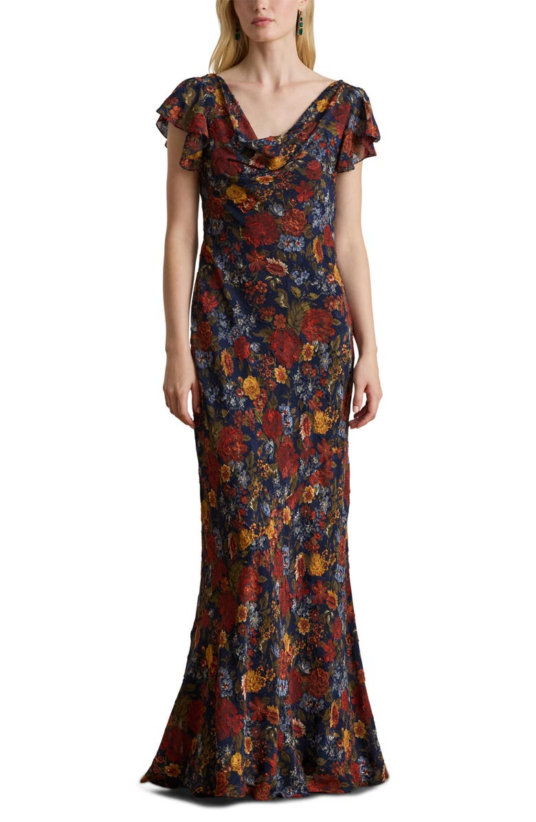Lauren Ralph Lauren Floral Clipped Jacquard Cowl Neck Gown, Main, color, Navy Multi