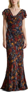 Lauren Ralph Lauren Floral Clipped Jacquard Cowl Neck Gown