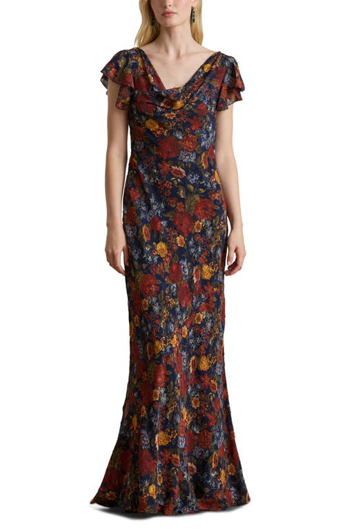 Ralph Lauren Floral Clipped Jacquard Cowlneck Gown In Brown