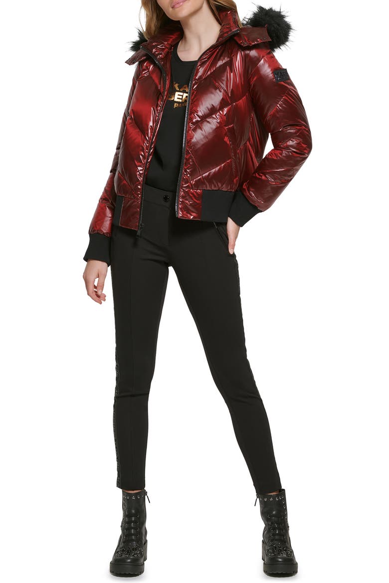 Chevron Quilted Water Resistant Faux Fur Trim Bomber Jacket, Alternate, color, RED RUST