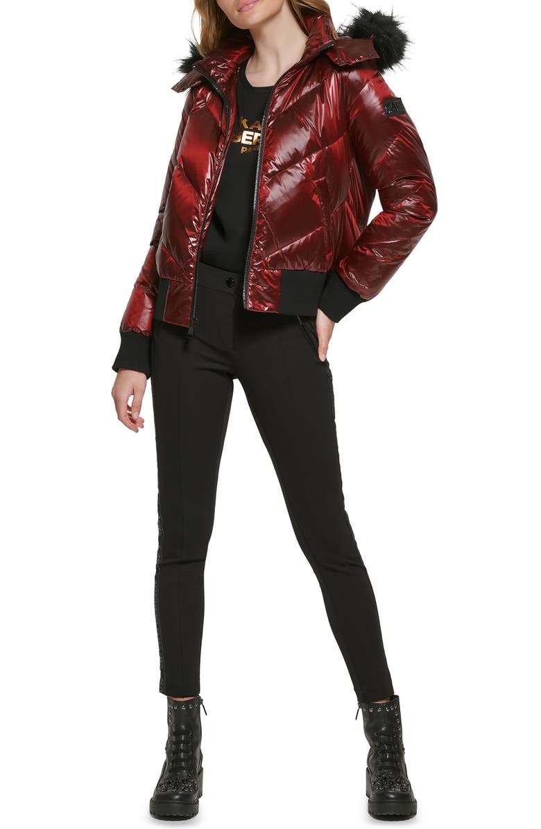 KARL LAGERFELD PARIS Chevron Quilted Water Resistant Faux Fur Trim Bomber Jacket, Alternate, color, 