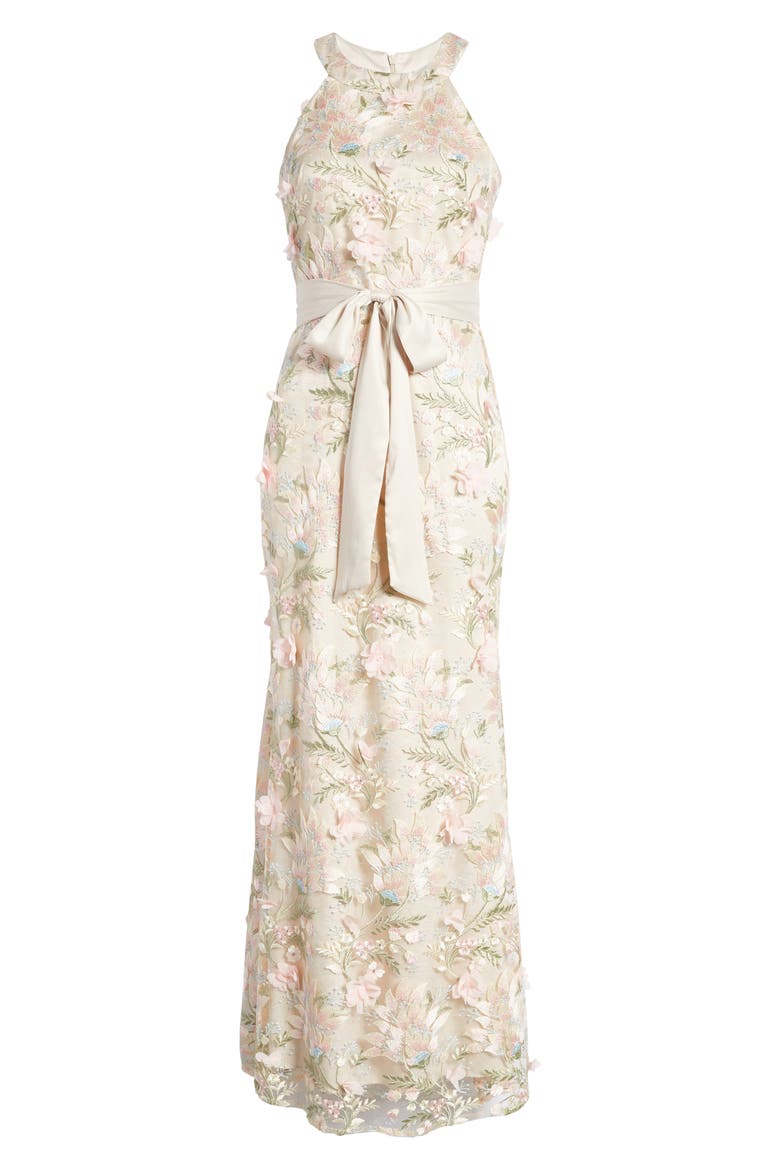 Floral 3D Embroidered Halter Neck Gown, Alternate, color, PINK CHAMPAGNE