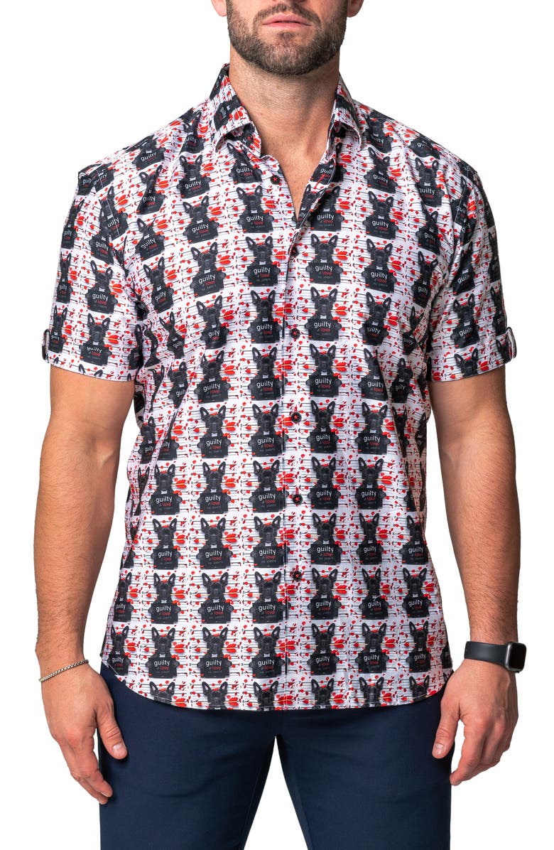Maceoo Galileo Guilty Dog Regular Fit Short Sleeve Button-Up Shirt, Main, color, White