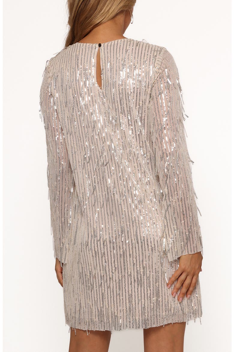 Serena Long Sleeve Sequin Fringe Minidress, Alternate, color, NUDE/SILVER