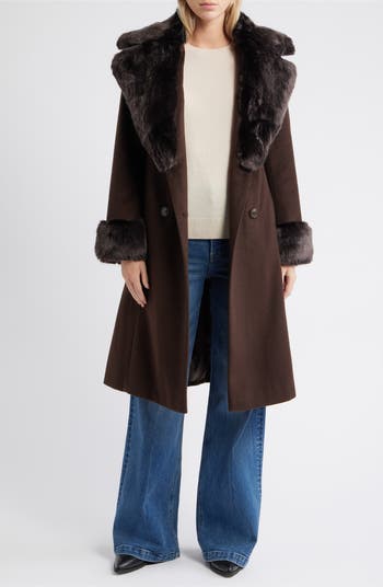 Via Spiga Double Breasted Wool Blend Coat with Faux Fur Trim