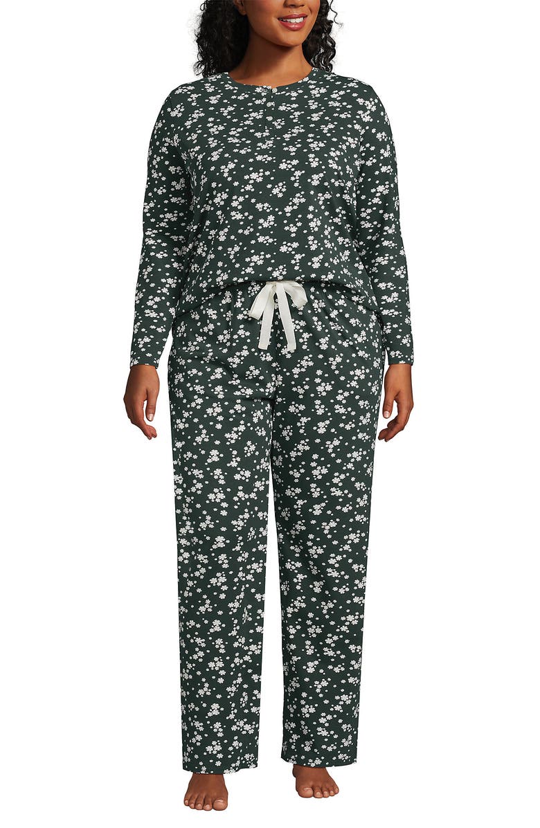 Lands' End Petite Knit 2 Piece Pajama Set - Long Sleeve Top and Pants, Main, color, Forest/Ivory Ditsy Floral