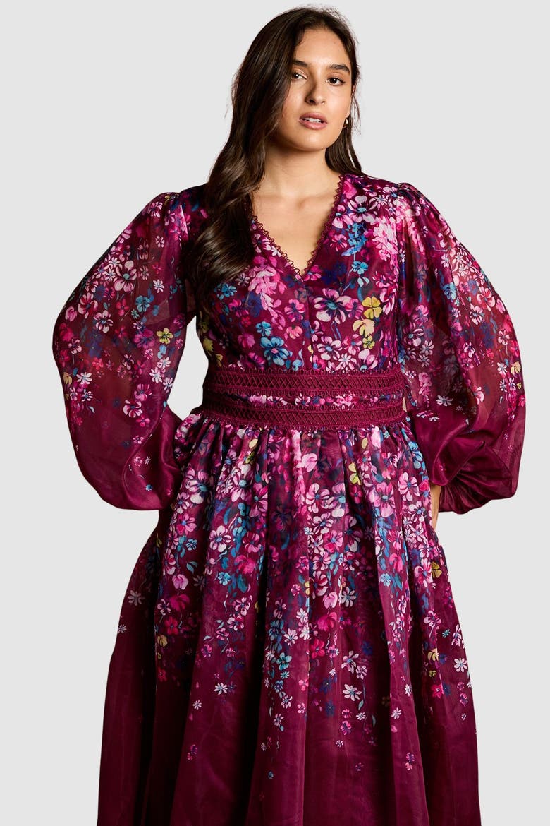 Plus Floral Organza Midaxi Dress, Alternate, color, Plum