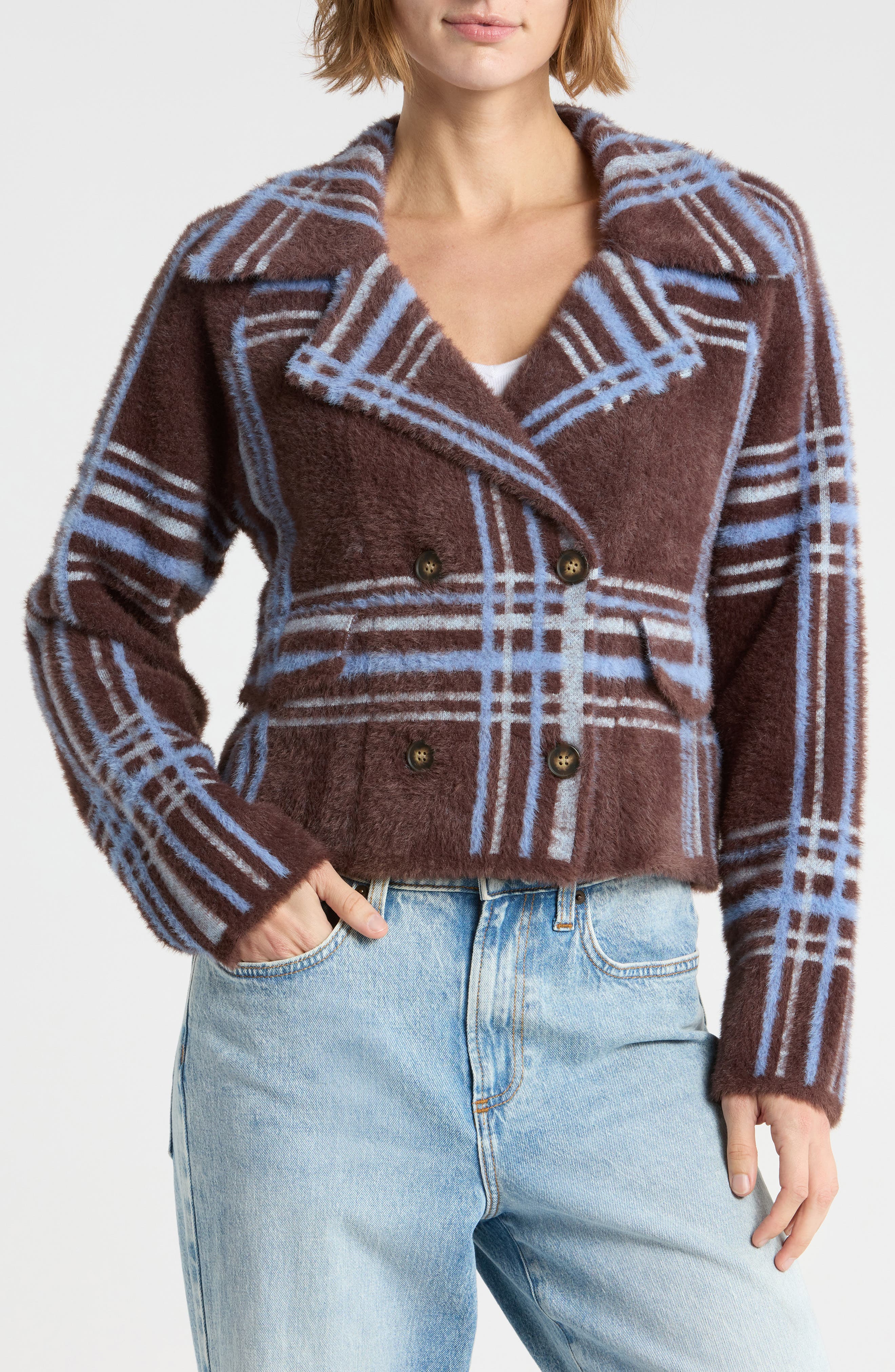 Plaid Double Breasted Sweater Jacket