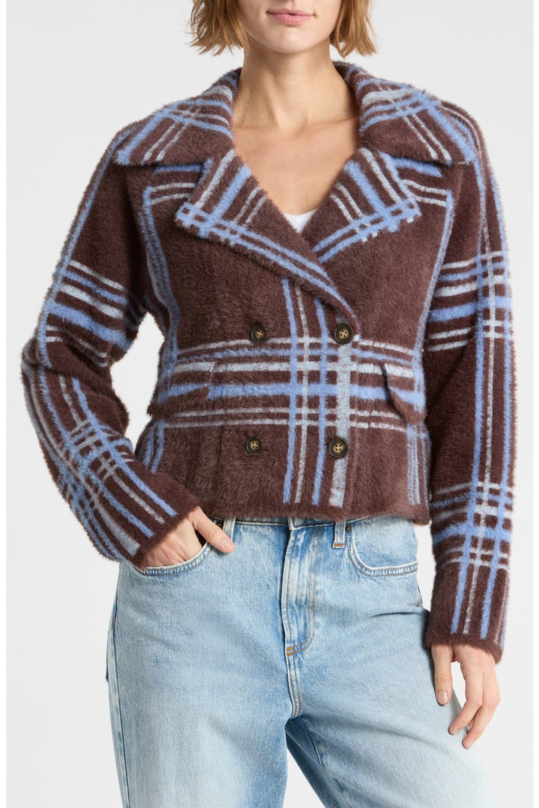 Plaid Double Breasted Sweater Jacket, Main, color, DARK CHOCOLATE PLAID