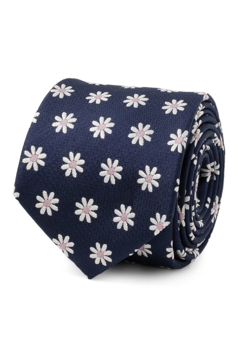 Daisy Floral Silk Tie, Alternate, color, NAVY