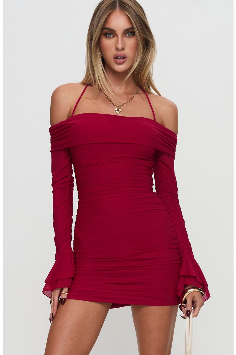 Taylon Off the Shoulder Long Sleeve Mini Body-Con Dress, Alternate, color, RED