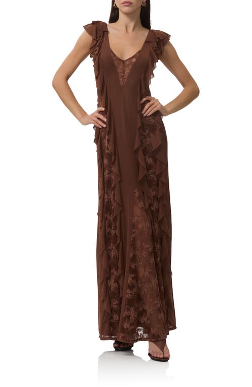Afrm Trista Lace Insert Ruffle Maxi Dress In Brown