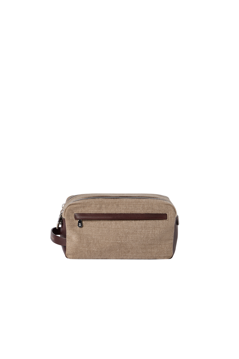 Water-resistant canvas and burnished calfskin beauty case with double zipper, Alternate, color, Leather