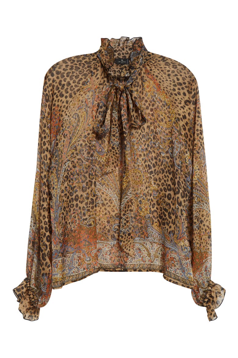 Paisley Leopard Spot Tie Neck Silk Shirt, Alternate, color, DARK BROWN