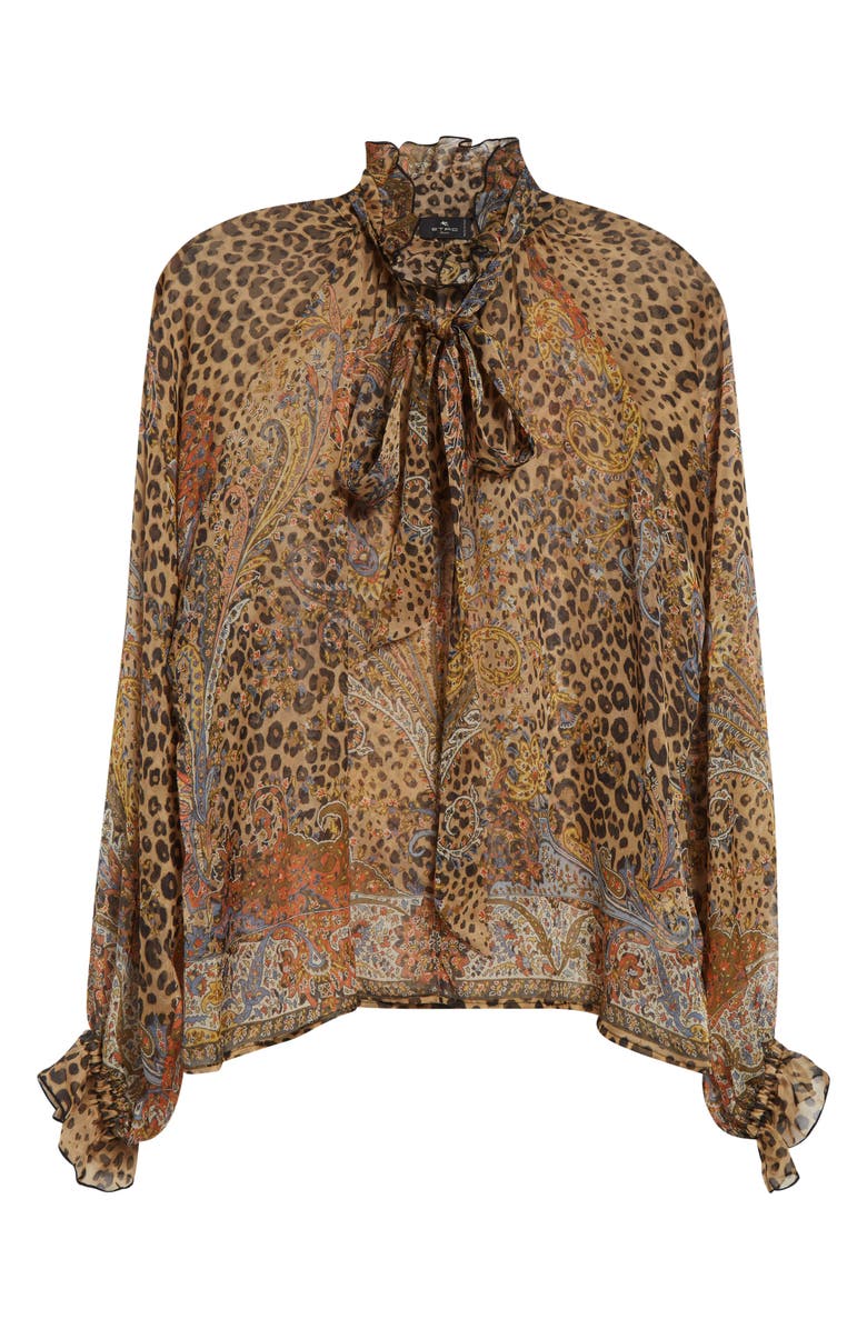 Etro Paisley Leopard Spot Tie Neck Silk Shirt, Alternate, color, Dark Brown