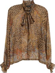 Etro Paisley Leopard Spot Tie Neck Silk Shirt