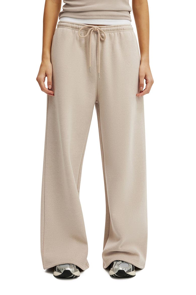Women's Active Plush Tie Waist Wide Leg Sweatpant, Main, color, Sesame Marle