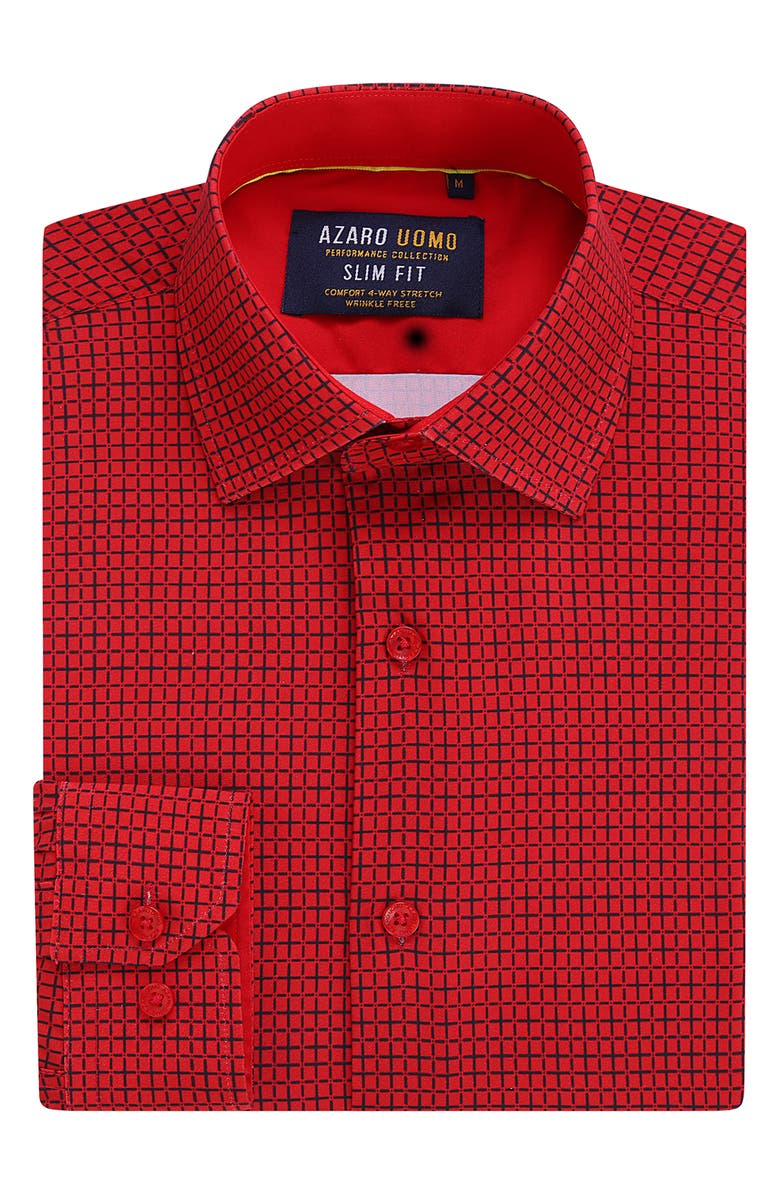 Azaro Uomo Slim Fit Grid Print Performance Dress Shirt, Alternate, color, Red