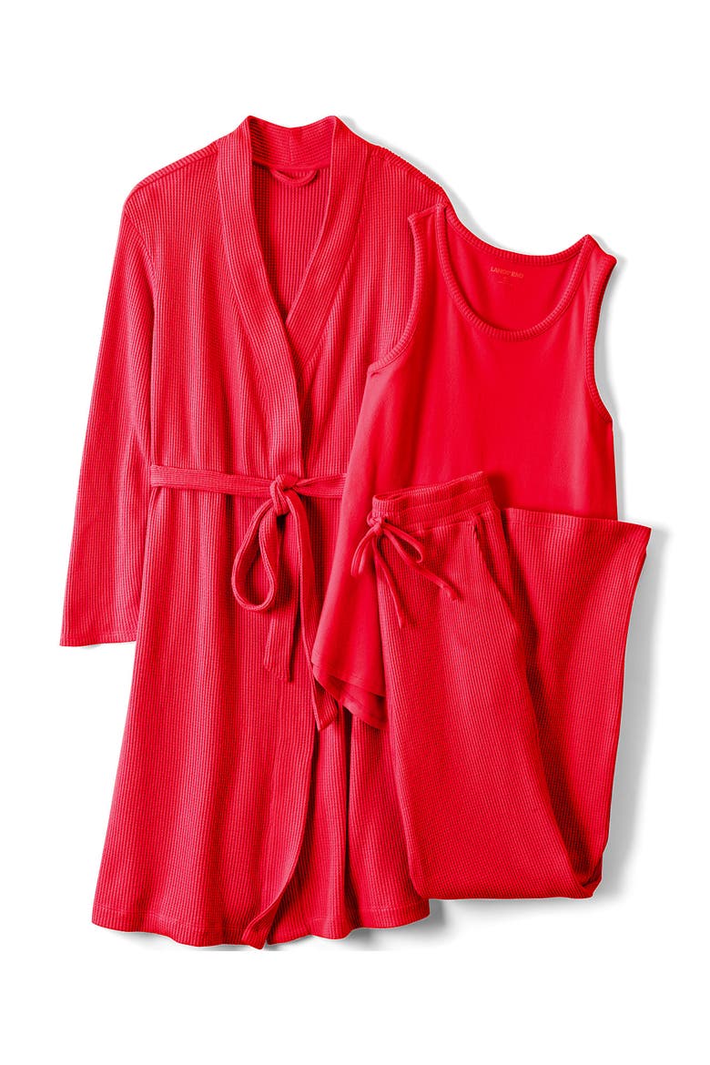 Brushed Cozy Waffle Jersey 3 Piece Pajama Set - Tank Top Pant and Robe, Alternate, color, Compass Red