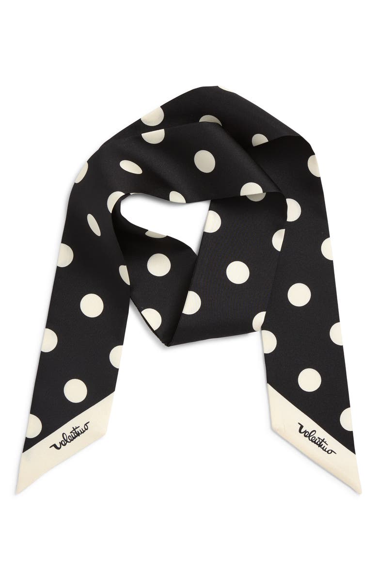 Valentino Garavani Polka Dot Silk Twill Skinny Scarf, Alternate, color, Nero/ Burro