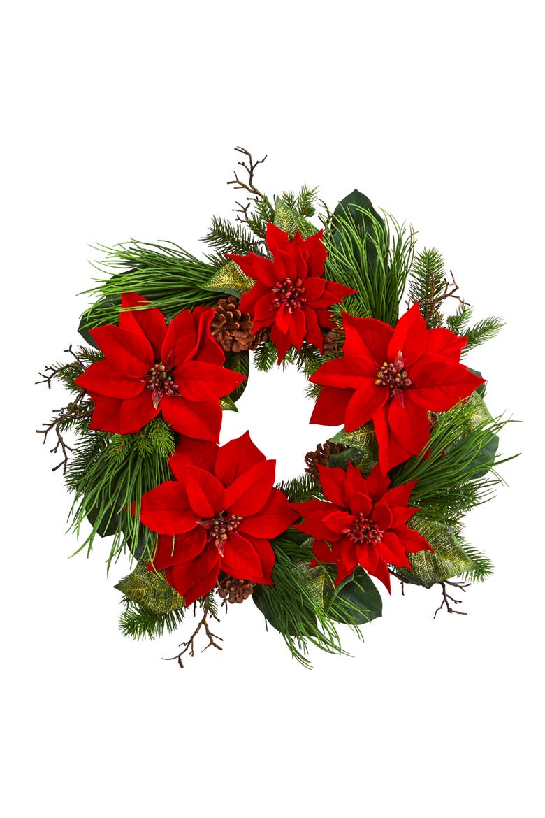 28-in Poinsettia and Pine Wreath, Main, color, Red