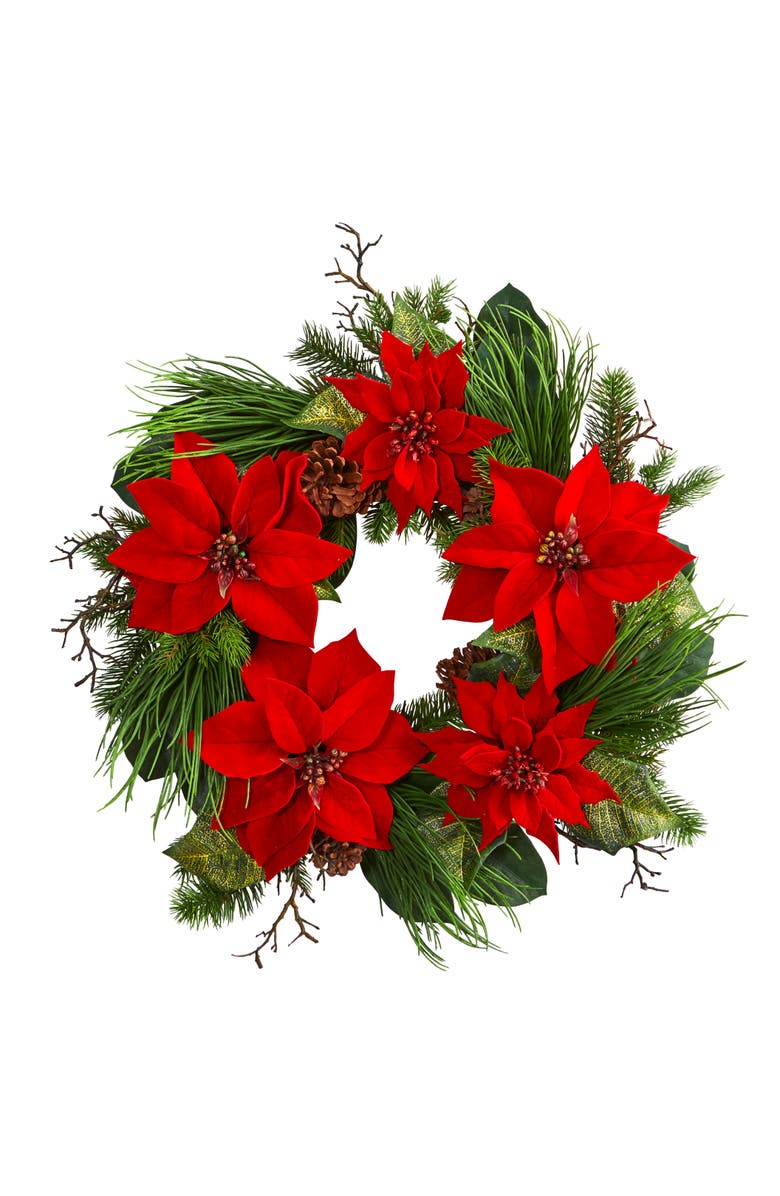 NEARLY NATURAL 28-in Poinsettia and Pine Wreath, Main, color, Red