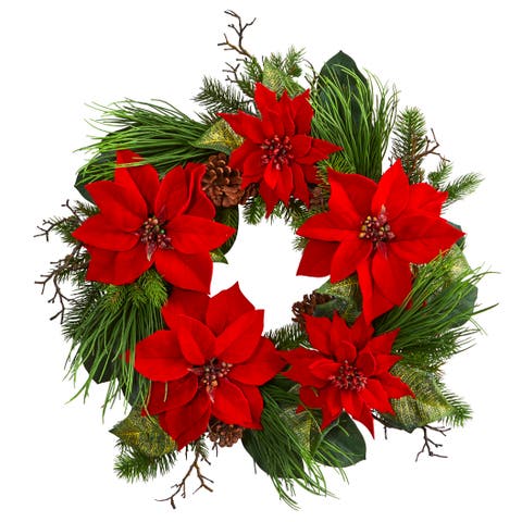 28-in Poinsettia and Pine Wreath