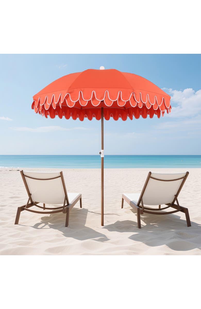 JONATHAN Y Horizon 6.5 ft. Classic MidCentury Scalloped Fringe Market Beach Umbrella with Push-Button Tilt, Alternate, color, Coral Red - Dark Brown Pole