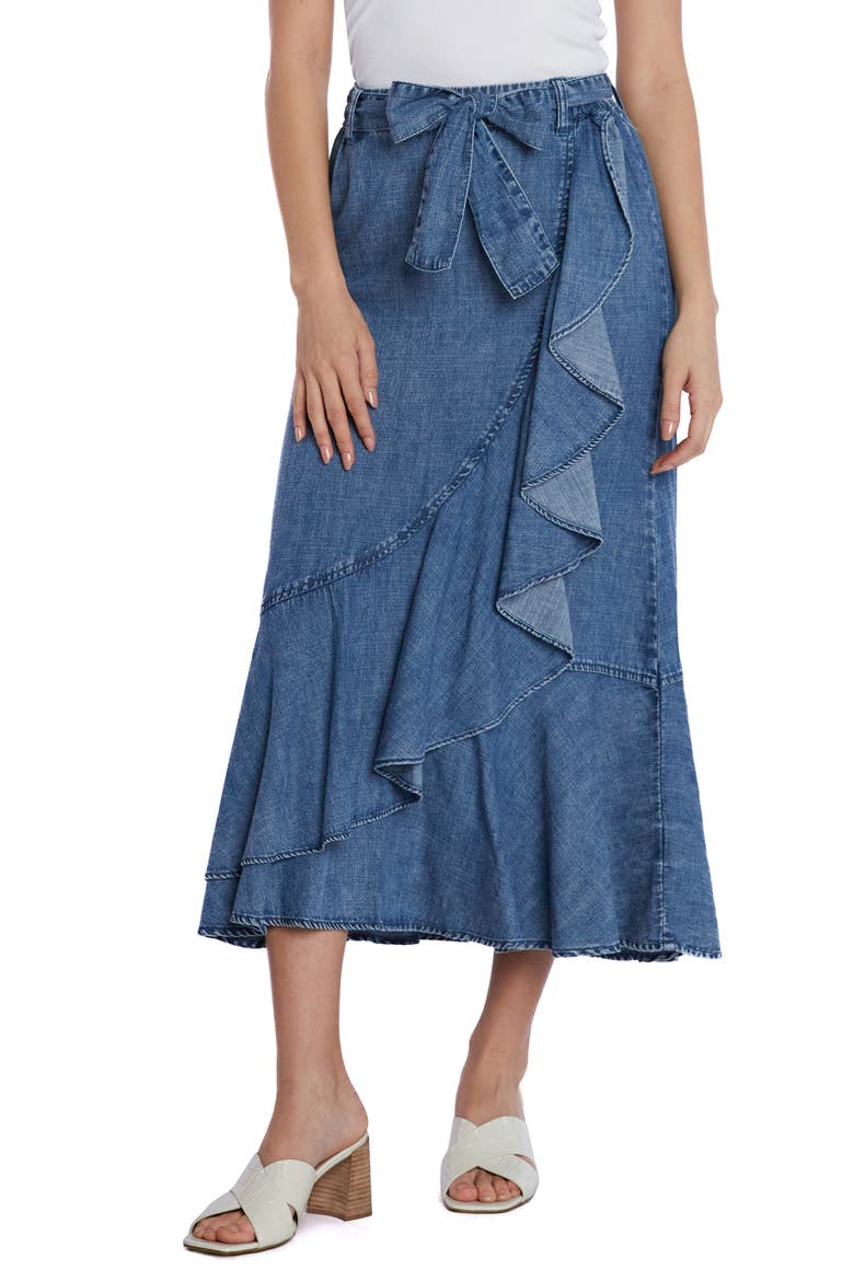 Ruffle Faux Wrap Denim Midi Skirt, Main, color, TIDE BLUE