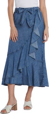 Wash Lab Denim Ruffle Faux Wrap Denim Midi Skirt