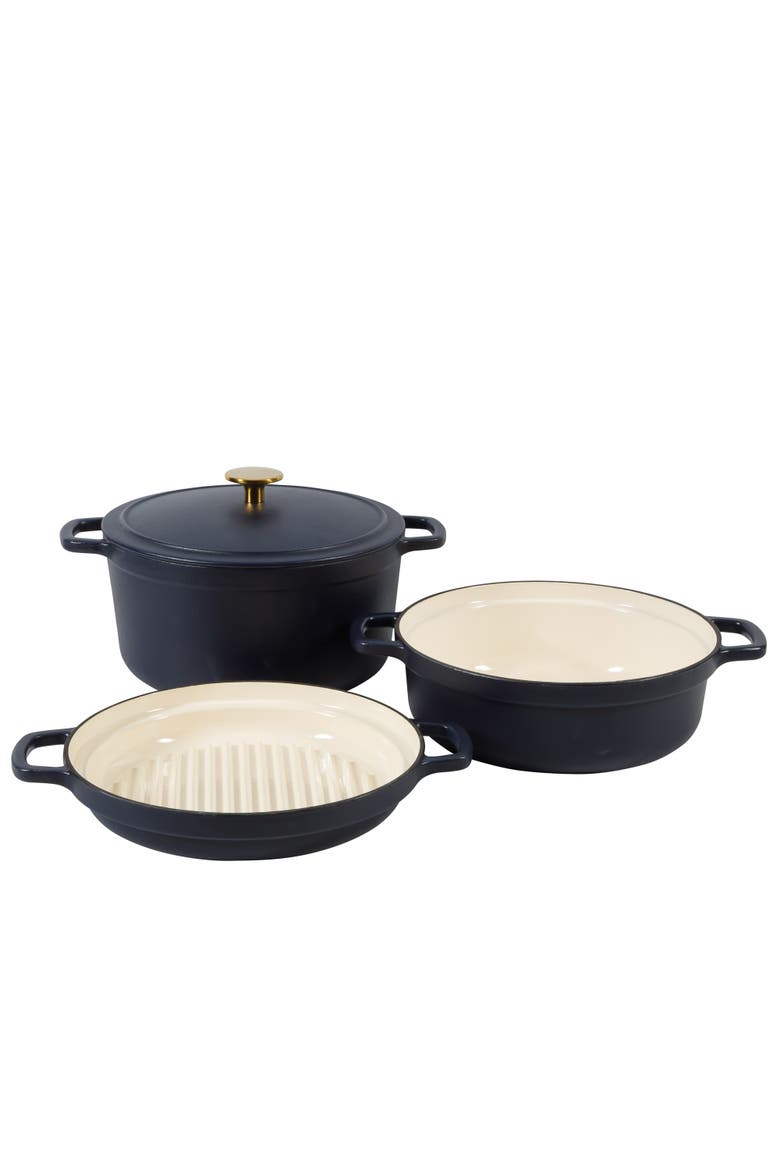 4-Piece Enameled Cast Iron Stackable Cookware Set Dutch Oven with Lid, Braiser and Grill Pan, Alternate, color, Navy Blue