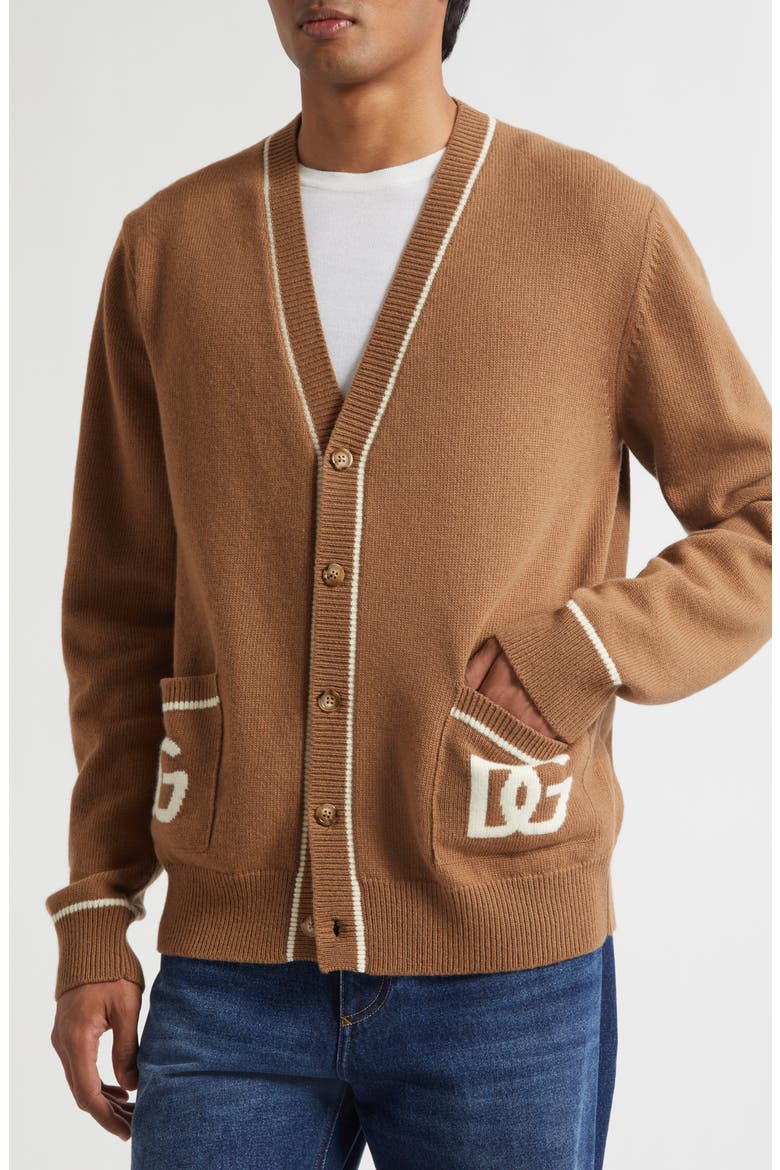 Intarsia Logo Virgin Wool Cardigan, Alternate, color, M0180 NOCE SCURO