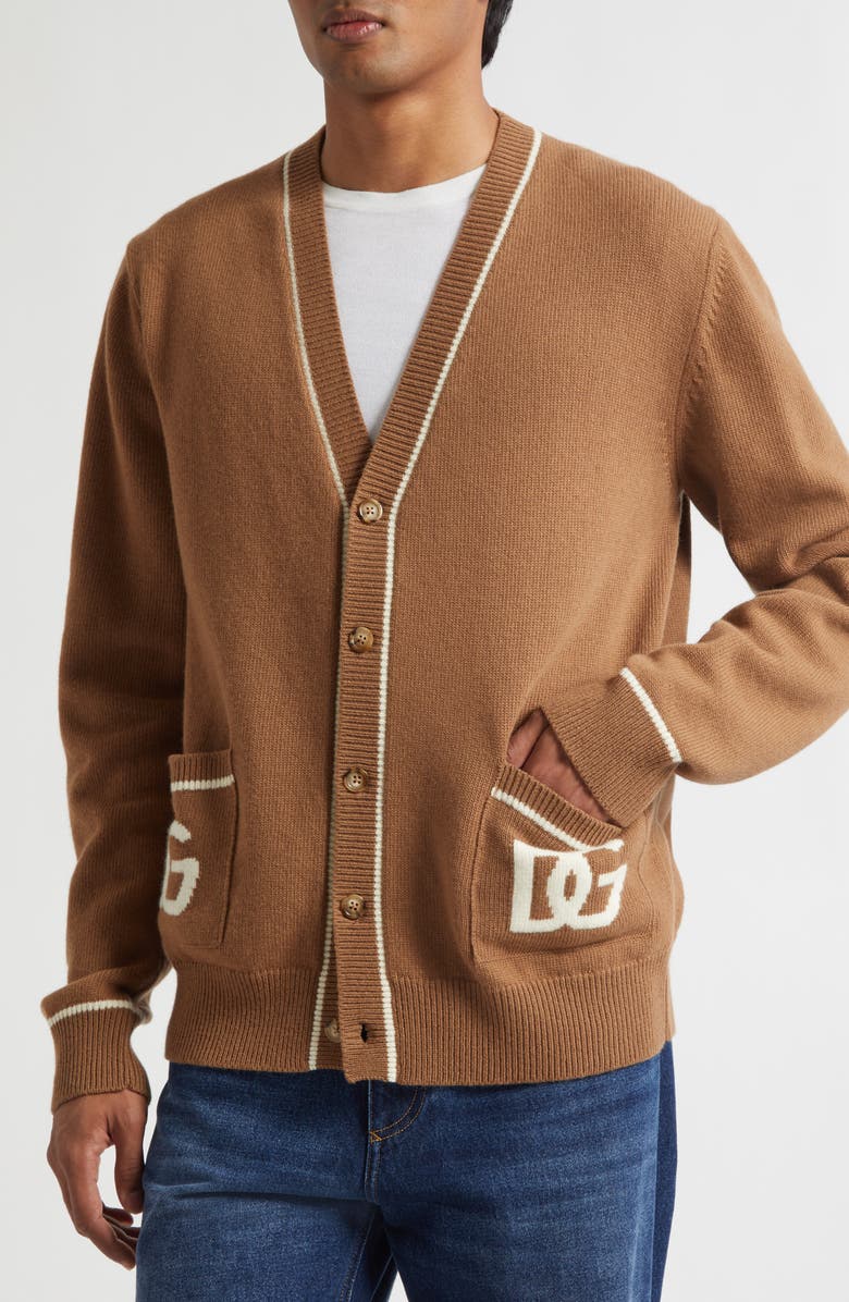 Dolce&Gabbana Intarsia Logo Virgin Wool Cardigan, Alternate, color, M0180 Noce Scuro
