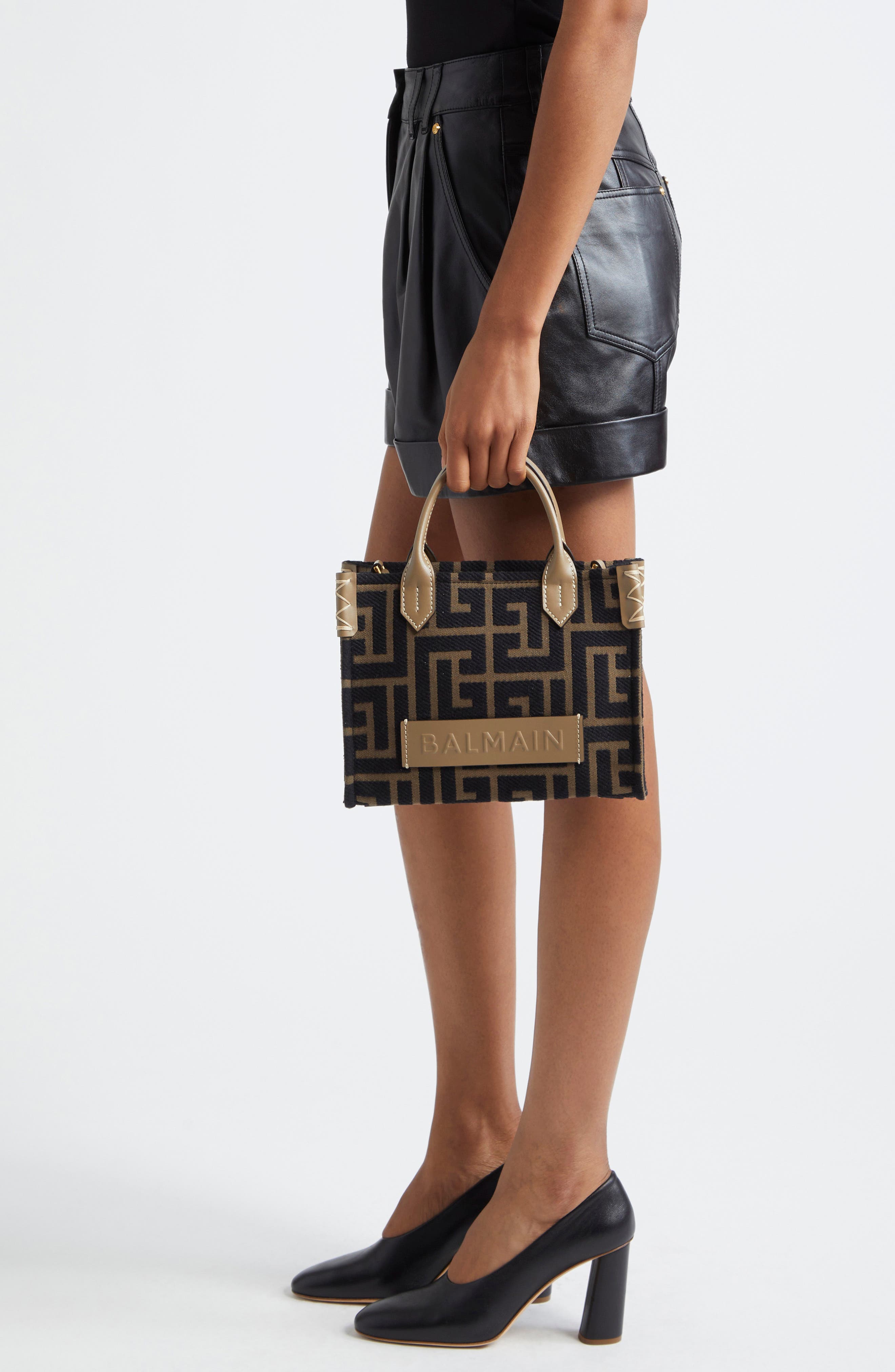 Balmain Small B-Army Logo Canvas Shopper Tote, Alternate, color, 