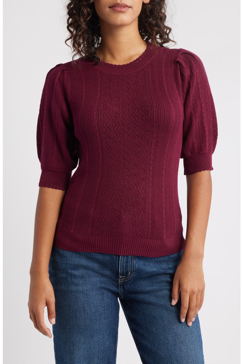 Pointelle Elbow Sleeve Sweater, Main, color, WILD PLUM